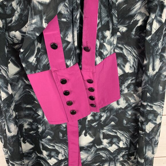 Kenneth Cole Long-sleeved Colorblock Blouse tunic Large 10 Collar Pink Black - Picture 11 of 13